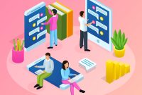 People and interfaces isometric composition with conceptual icons of touch screen gadgets books and little people vector illustration