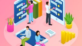 People and interfaces isometric composition with conceptual icons of touch screen gadgets books and little people vector illustration