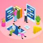 People and interfaces isometric composition with conceptual icons of touch screen gadgets books and little people vector illustration